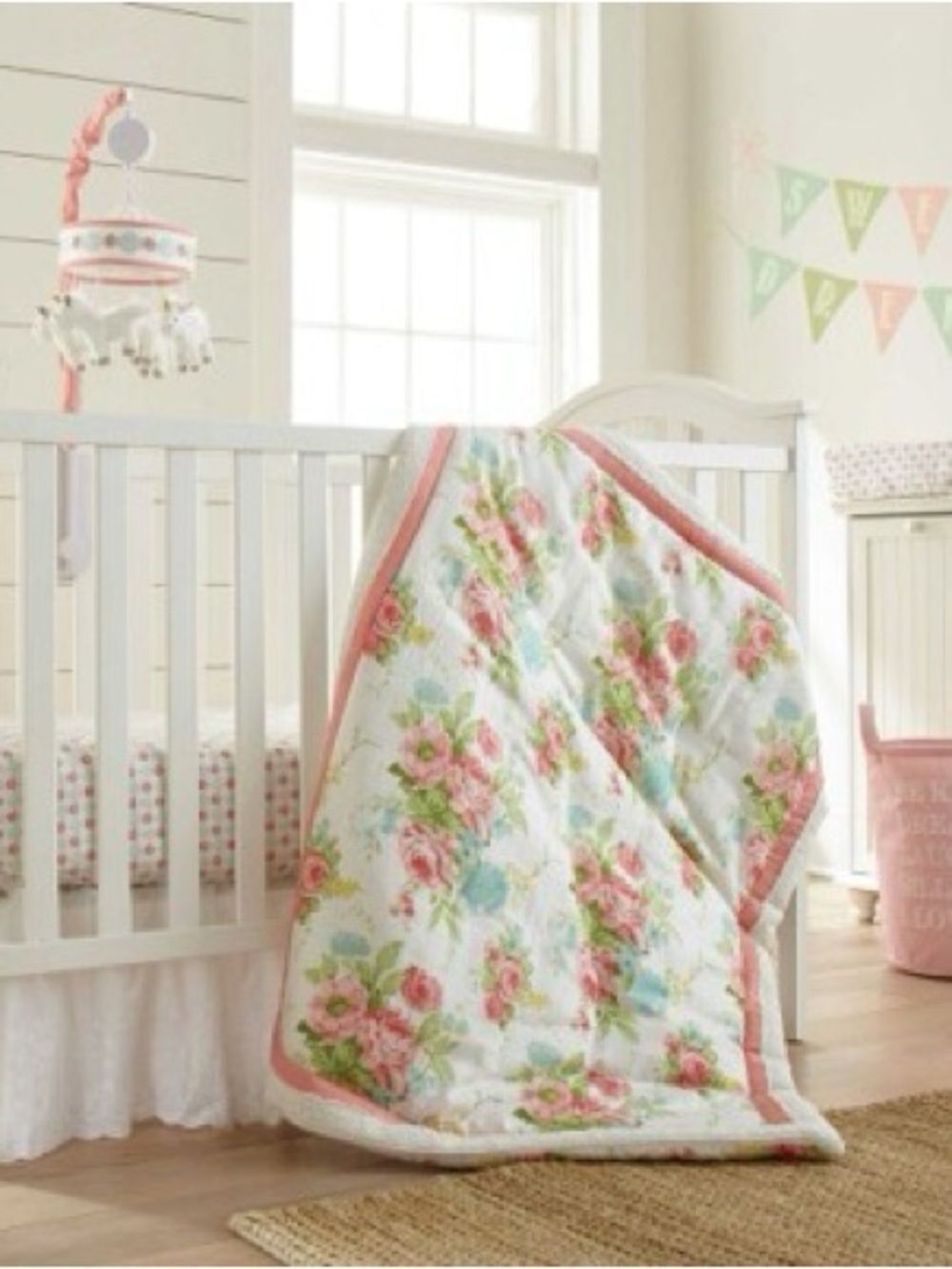 Levtex Baby Emma Crib Quilt Floral Quilted Baby Blanket - Pink and Green